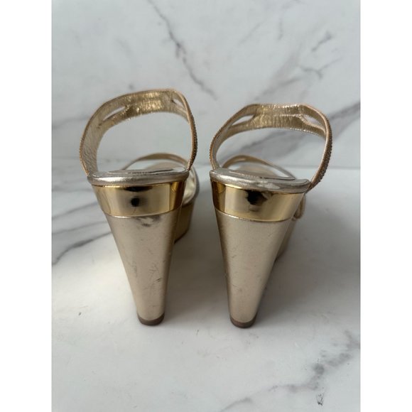 RENE CAOVILLA Gold Leather Swarovski Crystal Strass Platform Wedges Size 40 - Picture 4 of 10